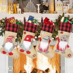 KHOYIME Christmas Stockings 4 Pack, 18.5 Inch 3D Gnomes Santa Christmas Stockings with Red and Black Burlap Plaid Christmas Decorations for Family Holiday Fireplace Hanging Christmas Party Decor