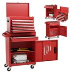 COSTWAY Large Rolling Tool Cabinet, 2-in-1 Detachable Metal Tool Chest with Drawers, Wheel, Handle, Hooks & Pegboard, Lockable Tool Box Trolley for Garage Workshop (with Adjustable Shelf, Red)