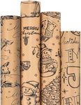 woric 4 Rolls Vintage Christmas Wrapping Paper, 30x120 inch(10ft) Brown Christmas Wrapping Paper Jumbo Rolls Christmas Stocking Stuffers Xmas Wrapping Paper Large Roll With Black Pattern