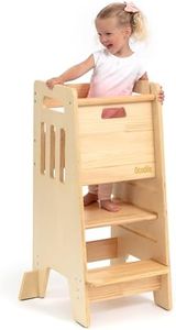 Toddler Tower with a Sliding Door and 3 Adjustable Heights - Complete Toddler Kitchen Stool Helper with Support Feet - Safe Design for 18+ Months to 6-Year-Old Kids - Varnished