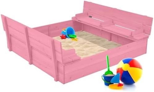 Best Choice Products Large Outdoor Wooden Sand Box for Kids, Sandbox with Cover, Bench Seats Support up to 220 lbs, Bottom Liner for Drainage, Cedar Wood - Pink