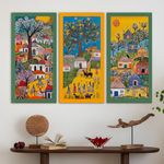 PAPER PLANE DESIGN Madhubani paintings for living room. Set of 3 canvas wrapped framed madhubani art for wall decor. 12 x 24 inch x 3 frames. (E)