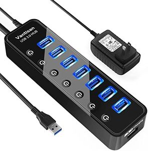 vantisan USB Hub 3.0 Powered, 7 Ports USB Data Hub Splitter with One Smart Charging Port and 5V/4A Powered Adapter and ON/Off Switches for MacBook, Mac Pro/Mini, iMac, Surface Pro Laptop/PC