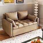 Assile 44”W Couches Loveseat Sofa, Faux Leather Button Tufted Upholstered Sofas with Lift-Up Storage Box and Gold Metal Leg, Foam Cushion Couches for Living Room in Light Brown