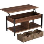 Rolanstar Coffee Table Lift Top, Coffee Table with Hidden Storage Compartment and 2 Rattan Baskets, 41.7" Retro Central Table with Wooden Lift Tabletop and Metal Frame for Living Room, Espresso