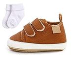 Sehfupoye Baby Girls Boys Sneakers Toddler Shoes PU Leather First Walking Shoes Anti-Slip Infant Newborn Prewalker Sneakers for 12-18 Months with Sock Brown