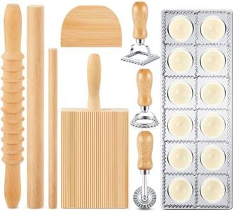 Tioncy 9 Pcs Pasta Making Tool Set Include 1 Ravioli Maker Press 1 Wooden Pasta Cutter 1 Ravioli Rolling Pin 1 Gnocchi Board 1 Wood Stick 1 Dough Scraper 3 Pasta Stamps for Pasta Maker (Simple Style)