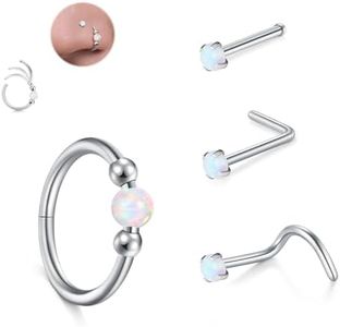 JFORYOU Stainless Steel 18G Nose Rings Set for Women Men, Hypoallergenic L-Shaped Screw Nose Studs Opal Hinged Small Silver Hoops for Nostril Septum Cartilage Helix Rook 2nd/3rd Earlobe Lip Piercings