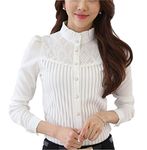 Double Plus Open Womens Vintage Victorian Pleated Button Down Shirt Long Sleeve Stretch Blouse Stand Up White 4