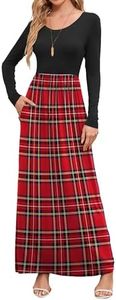 DEARCASE Long Sleeve Maxi Dresses for Women Red Grid XX-Large Round Neck Boho A-line Casual Hawaiian Sundress Flowy Elegant Party Vacation Spring Summer Beach Long Sun Dresses with Pockets