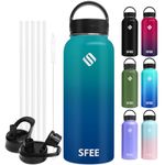 Sfee Insulated Water Bottle, 40 oz Stainless Steel Water Bottle with 5 Straws&3 Lids, Wide Mouth Double Wall Vacuum Metal Water Bottle Leak-Proof BPA Free Sports Water Bottle+ Cleaning Brush (BDblue)