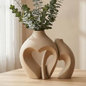 Zormon Brown Vases for Decor, Heart Shaped Ceramic Vase Set of 2, Nordic Heart Shaped Vases, Minimalist Decorative Vase for Table Centerpiece Wedding Dining Living Room Office House Decoration