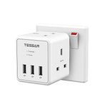 Double Plug Adaptor UK, TESSAN Surge Protected 2 Way Plug Adapter with 3 USB, 13A Cube Multi Plug Extension Wall Socket for Home, Office, Kitchen, School Supplies