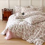 EAVD Garden Cute Pink Flower Comforter Set Queen White Soft Microfiber Shabby Chic Flower Bedding Set 1 Queen Comforter and 2 Pillowcases Reversible Botanical Comforter Set for All-Season