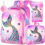 16" Mermaid Backpack for Girls, 3Pcs School Bookbag with Lunch Box, Kids Backpacks Set for Elementary Preschool Kindergarten(Pink)