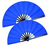 HONSHEN 2 Pack Large Folding Hand Fan, blue Chinese Kung Fu Tai Chi Fan Nylon-Cloth Fan For Men And Women Performance, Dance, Decorations, Festival, Gift (Folding fan blue 2p)