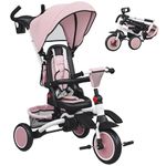 AIYAPLAY Kids Trike, Toddler Tricycle 6 in 1 Foldable Baby Trike with Adjustable Parent Handle & Canopy, Convertible Seat, 5-Point Harness, Storage Basket & Bag for Ages 1-5 Years, Pink