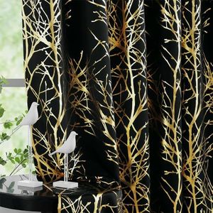 FMFUNCTEX 100% Blackout Curtains for Bedroom, Gold on BlackTree Foil Patterned Thermal Insulated 63 Inch Length Window Panels for Living Room, Shiny Metallic Farmhouse Curtains Grommet Top 2 Panels