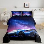 Galaxy Car Comforter Set Blue Race Car Bedding Set for Kids Boys Girls Teens Universe Starry Sky Sports Car Comforter Extreme Sports Theme Design Quilt Set Room Decor 3Pcs Full Size