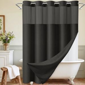WONICY Extra Long No Hook Shower Curtain with Snap in Liner, Polyester Textured Shower Curtain with Liner Set, Waterproof Washable Hotel Style Shower Curtains for Bathroom, 71Wx86H, Black