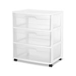 Sterilite Wide 3 Drawer Storage Cart, Plastic Rolling Cart with Wheels to Organize Clothes in Bedroom, Closet, White with Clear Drawers, 2-Pack