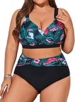 Womens Two Piece Swimsuits High Waisted Bottom Tummy Control Bathing Suits Vintage Print Swimwear, 4X