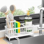 Cisily Sponge Holder for Kitchen Sink, Sink Caddy with High Brush Holder, Organzier Rustproof 304 Stainless Steel Dish Organizer Divider, Soap Dispenser Storage (white)