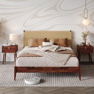 Bme Selina Wood Platform Bed Frame - Handcrafted Paper Cord Unique Headboard - No Box Spring Needed - 12 Strong Wood Slats Support - Easy Assembly - Queen, Dark Chocolate