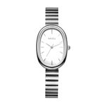 JewelryWe Women Oval Quartz Watch: Petit Ladies Silver Analogue Display Expandable Stainless Steel Elegant Elastic Band Bracelet Wristwatch