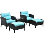 Outsunny 5 Pieces Wicker Patio Furniture Sofa Set Thick Padded Cushions, Outdoor PE Rattan Conversation Coffee Set with Armchairs, Footstools and Glass Top Table, Light Blue