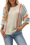 Dokotoo Womens Fashion Casual Crewneck Bell 3/4 Sleeve Oversized Lightweight Color Block Striped Pullover Sweaters Fall Tops Trendy Sweaters White Small