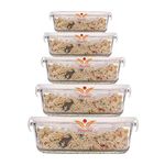 Femora Borosilicate Glass Microwave Safe Rectangle Food Storage Container with Air Vent Lid, 140ml, 400ml, 620 ml, 1000ml, 1500 ml, Set of 5, One Year Free Replacement