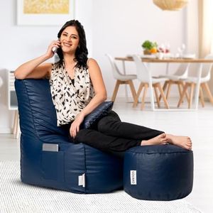 Amazon Brand - Solimo Premium Faux Leather Chair Bean Bag Combo with Footrest & Cushion, Filled with Beans | Capacity: Upto 6 Ft 3 in Height, 120 KG Weight | Navy Blue