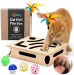 Evinity Cat Nail File Box – XL Wooden Cat Scratch Box with Built-in Nail Filing Pad, Interactive Puzzle Toy with 4 Bell Balls & 2 Feather Teasers, Claw Saver Box for Indoor Cats & Kittens