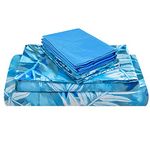 JSD Turquoise Blue Leaves Print Sheet Set King Size, 6 Piece Botanical Pattern Soft Microfiber Sheets Extra Deep Pocket