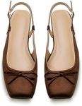 Lhamo Latso Brown Ballet Flats 1 Inch Low Block Heel Comfortable Ballerina Flat Bow Dressy Flats Shoes for Women Slingback Flat Satin 6.5
