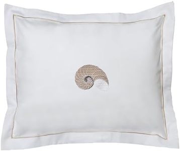Boudoir Pillow Cover, Cotton Percale, Embroidered, Made in South Africa, Elegant Decorative Pillow Covers for Bed and Living Room, Embroidered Coastal Designs, Striped Nautilus (Beige)