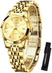OLEVS Gold Watches for Women Analogue Stainless Steel Diamond Women Watch Roman Numerals Small Face Gold Luxury Dress Watch for Women Classic Waterproof Luminous with Date Ladies Watches