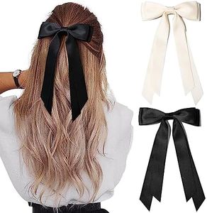 2PCS Silky Satin Hair Bows Hair Clip Beige Black Hair Ribbon Ponytail Holder Accessories Slides Metal Clips Hair Bow for Women Girls Toddlers Teens Kids