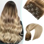 VINBAO 18 Inch Hair Extensions Clip in Human Hair Extensions 6Pcs 120g Balayage Brown Fading to Ash Brown Highlight with Medium Blonde Human Hair Extensions Clip in Extensions Double Weft (CLIP#3/8/22-18Inch)