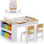 HONEY JOY Kids Table and Chair Set, 3 in 1 Wood Arts and Crafts Activity Table w/Paper Roller, 6 Paint Cups & Storage Canvas Bins, Children Learning Furniture, Toddler Table and Chair Set (Natural)