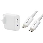 Amazon Basics 63W Two-Port GaN USB-C Wall Charger (45W + 18W) for Laptops, Tablets and Phones with Power Delivery - White (non-PPS) & USB Type-C to USB Type-C 2.0 Cable - 2.7 m - White