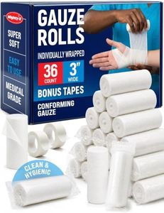 36 Gauze Rolls - 3" x 4.1yd - Soft and Breathable Rolled Gauze - Latex-Free Premium Individually Wrapped Bandages with Bonus Tape - First Aid Conforming Stretch Wrap for Wound Care - Vet Wrap