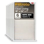 Filtrete 18x24x1 Air Filter, MPR 300, MERV 5, Clean Living Basic Dust 3-Month Pleated 1-Inch Air Filters, 6 Filters