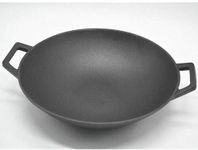 Vintage Gourmet ® Authentic Pre-Seasoned 35cm Diameter Cast Iron Large Deep Wok with Two Integral Handles, Flat Bottom Overall 42cm Wide -Versatile Cookware