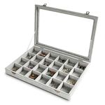 Frebeauty Jewelry Organizer Tray with Clear Lid 24 Grid Velvet Drawer Insert Jewelry Storage box with Transparent Glass lid Display Case Store Showcase Holder with Lock Gifts for Women(Grey, 24 Grid)