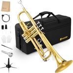 Vangoa Bb Standard Trumpet Brass Student Trumpet Instrument for Beginners Adults School Bands with Hard Case, Cleaning Kit, Stand, 7C Mouthpiece, Gloves, Valve Oil