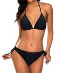 Tempt Me Women Triangle Bikini Sets Halter Two Piece Sexy Swimsuit String Tie Side Bathing Suit, 1 Black, X-Large