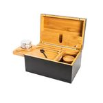 ARRAWIS Large Bamboo Stash Box Combo with Accessories Bamboo Decorative Storage Box with Bamboo Rolling Tray, 3 Airtight Glass Jars, Silver Grinder and Cleaning Brush