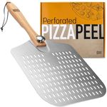 OUII Perforated Pizza Peel 12 x 14 Inch. - Aluminum Metal Pizza Spatula Paddle for Grill with Foldable Wood Handle. Pizza Oven Accessories and Tools. Pizza Turning Peel, Bread, Pastry, Dough, Cake.